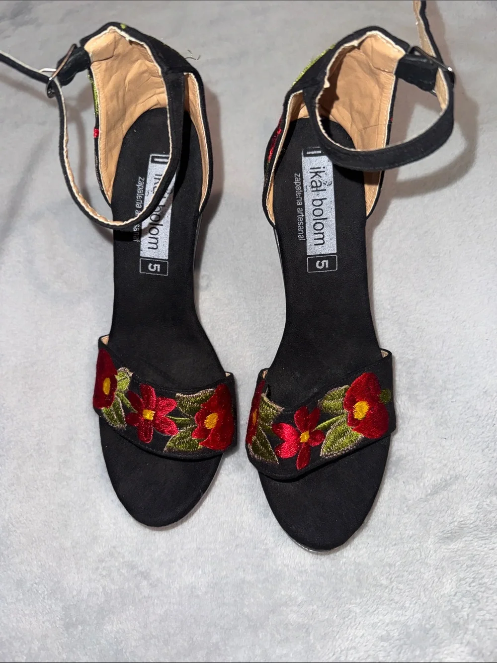 Black Ankle-Strap Heels with Red Floral Embroidery by